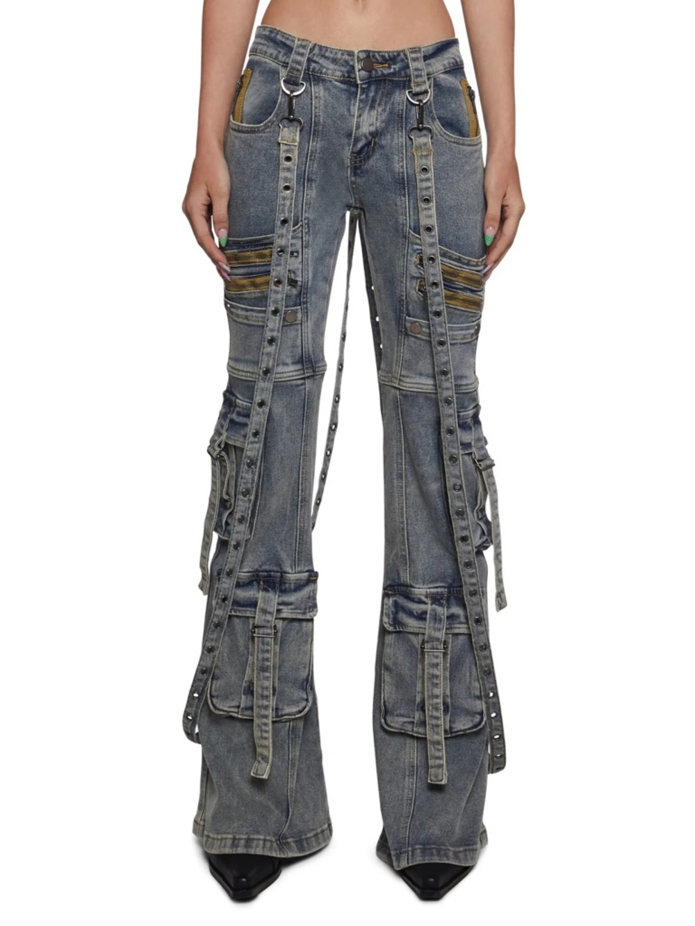 BNWT Dolls Kill Distressed Light Wash Utility Aurora Cargo Flare Jeans